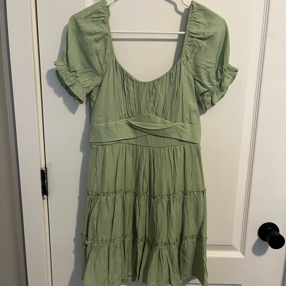 Trixxi Green Mini Sundress with Puff Sleeves and Scoop Neck